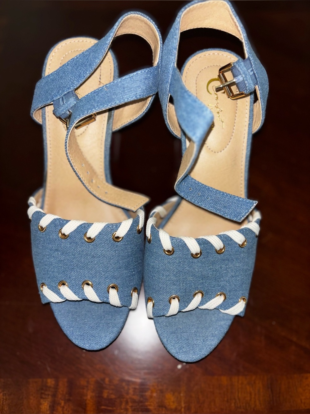 Women’s Denim Blue Ankle-Strap Sandals with White Rope Accent